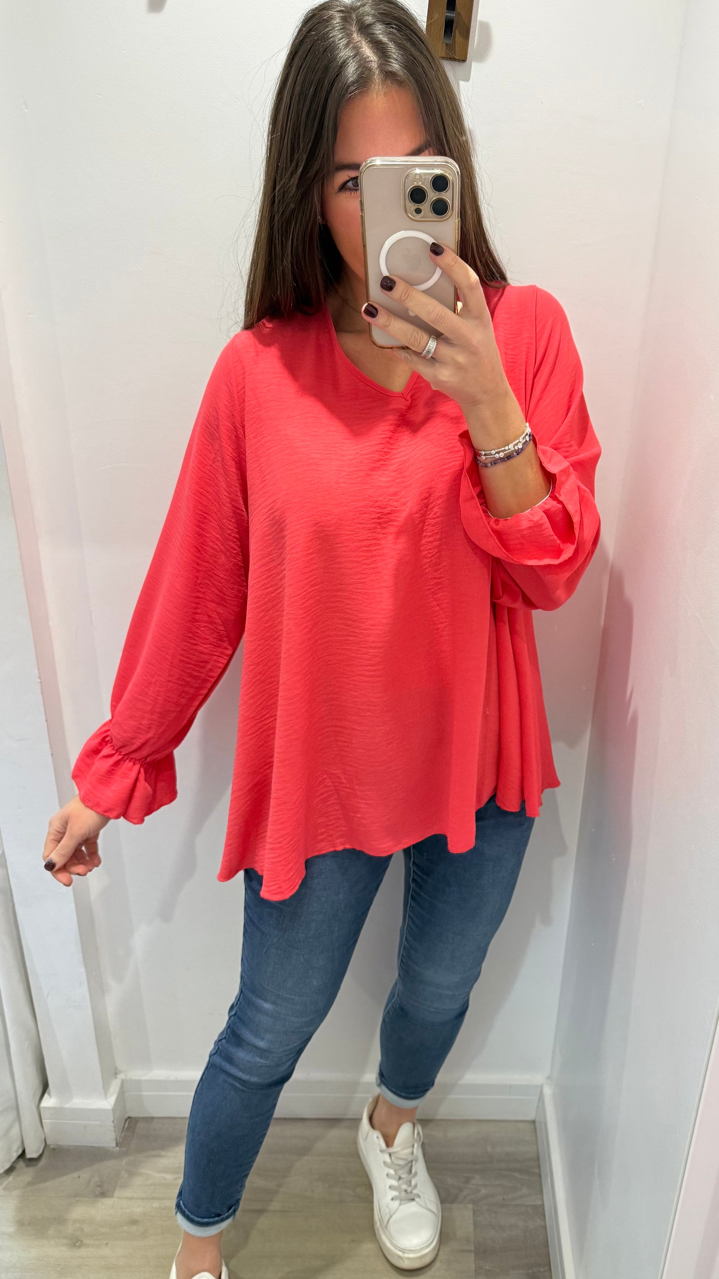 CORAL FRILL CUFF V-NECK BLOUSE