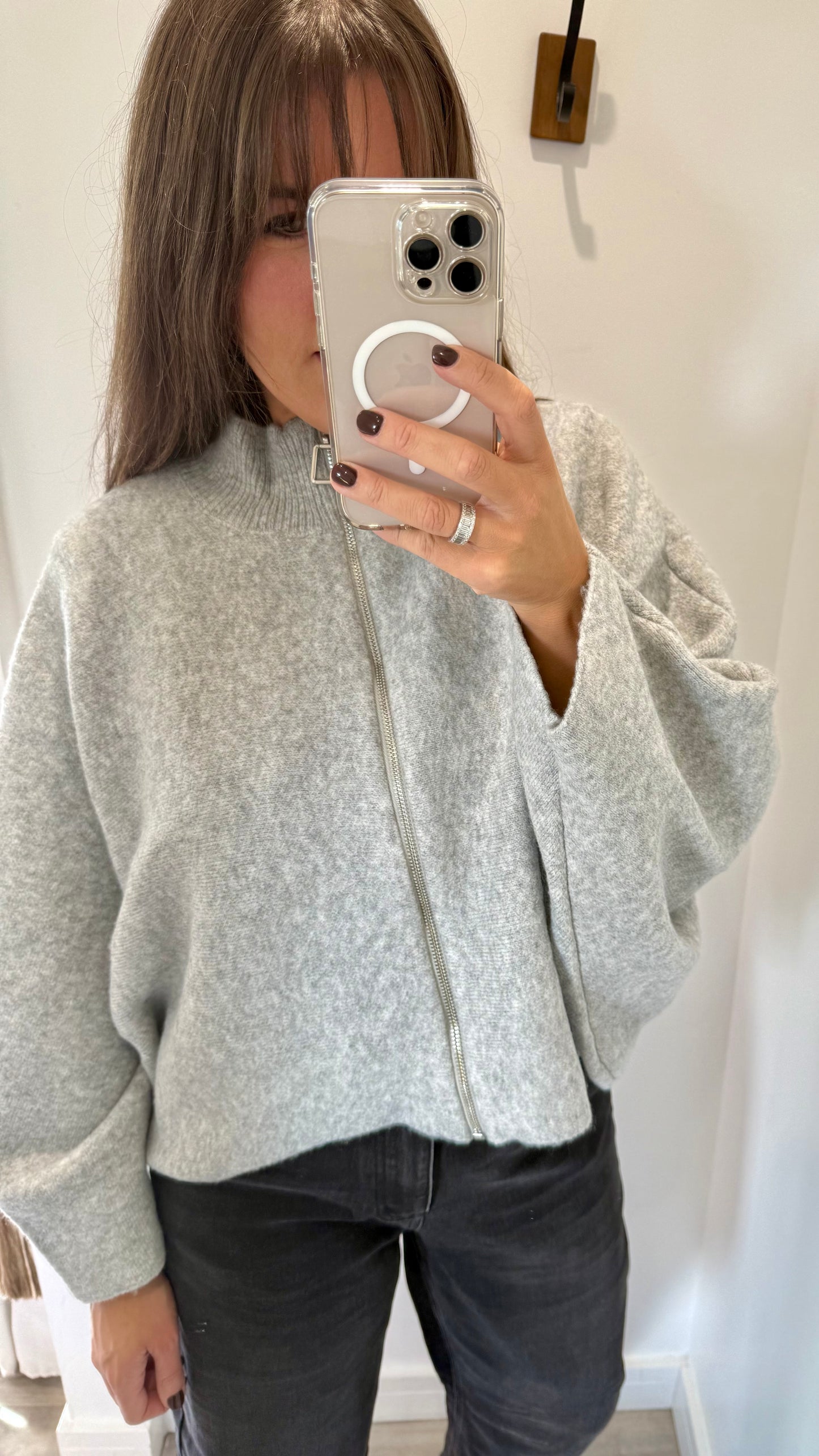 ZIP THROUGH GREY JUMPER/CARDIGAN - BATWING SLEEVE