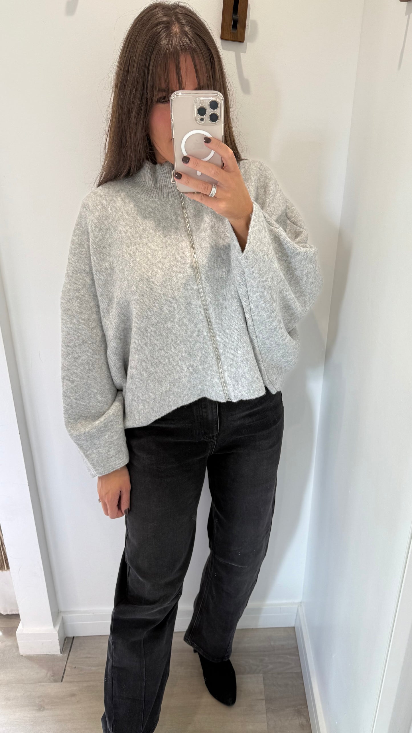 ZIP THROUGH GREY JUMPER/CARDIGAN - BATWING SLEEVE