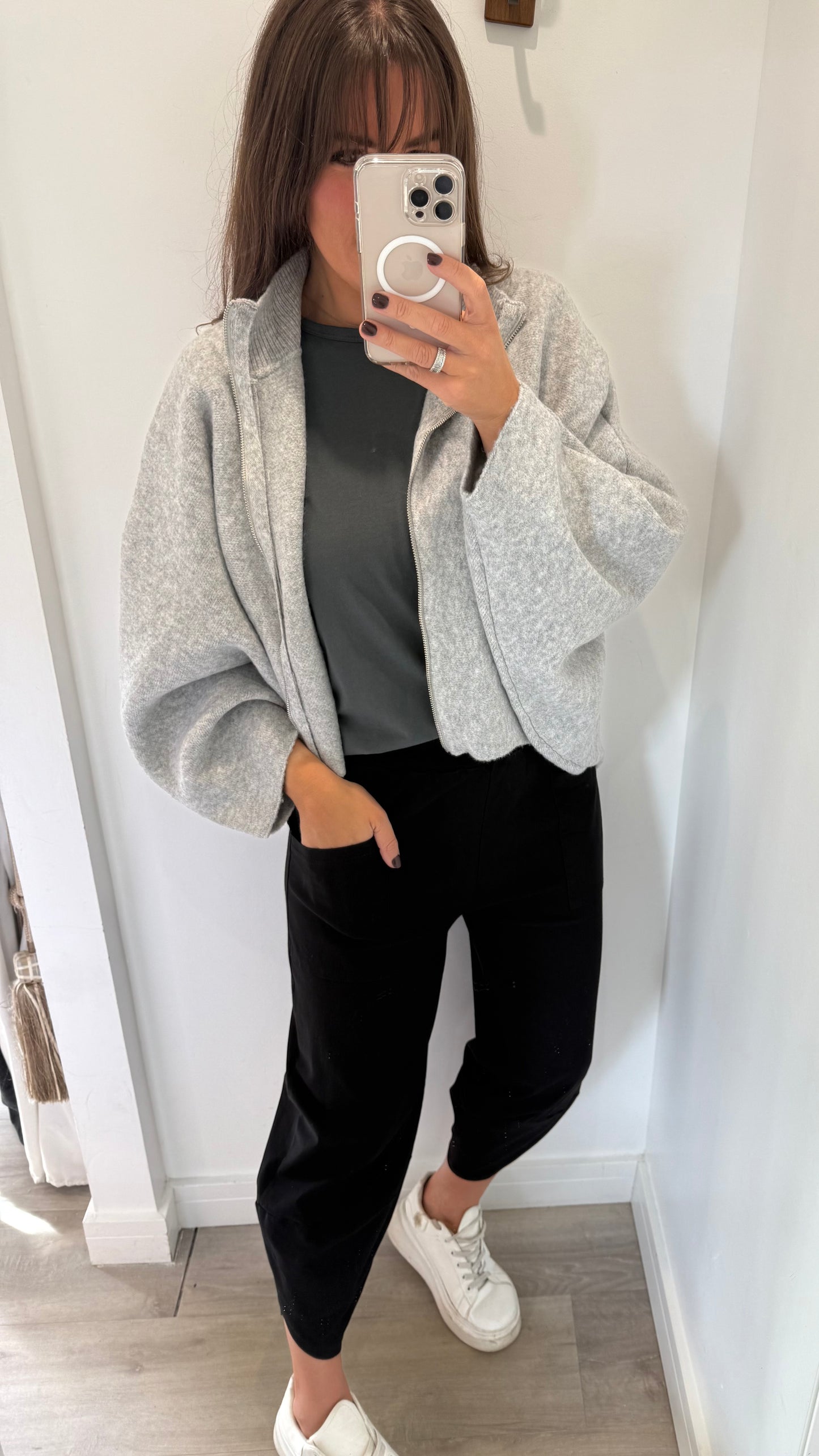 ZIP THROUGH GREY JUMPER/CARDIGAN - BATWING SLEEVE