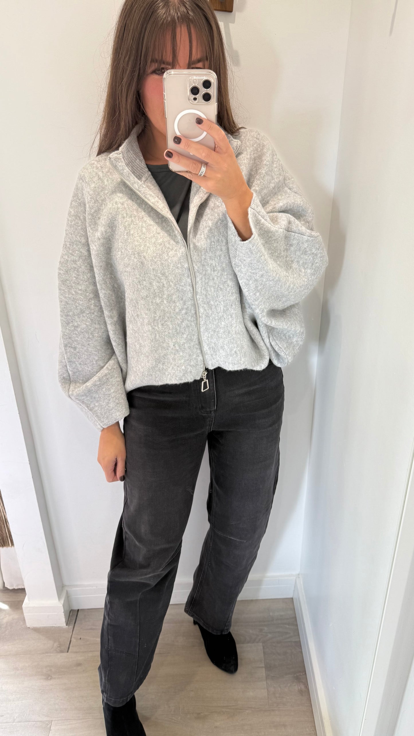 ZIP THROUGH GREY JUMPER/CARDIGAN - BATWING SLEEVE