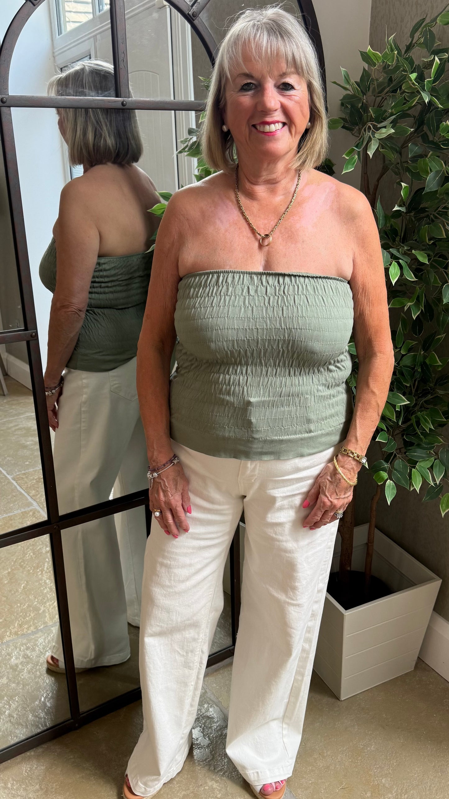 KHAKI SHIRRED BOOB TUBE