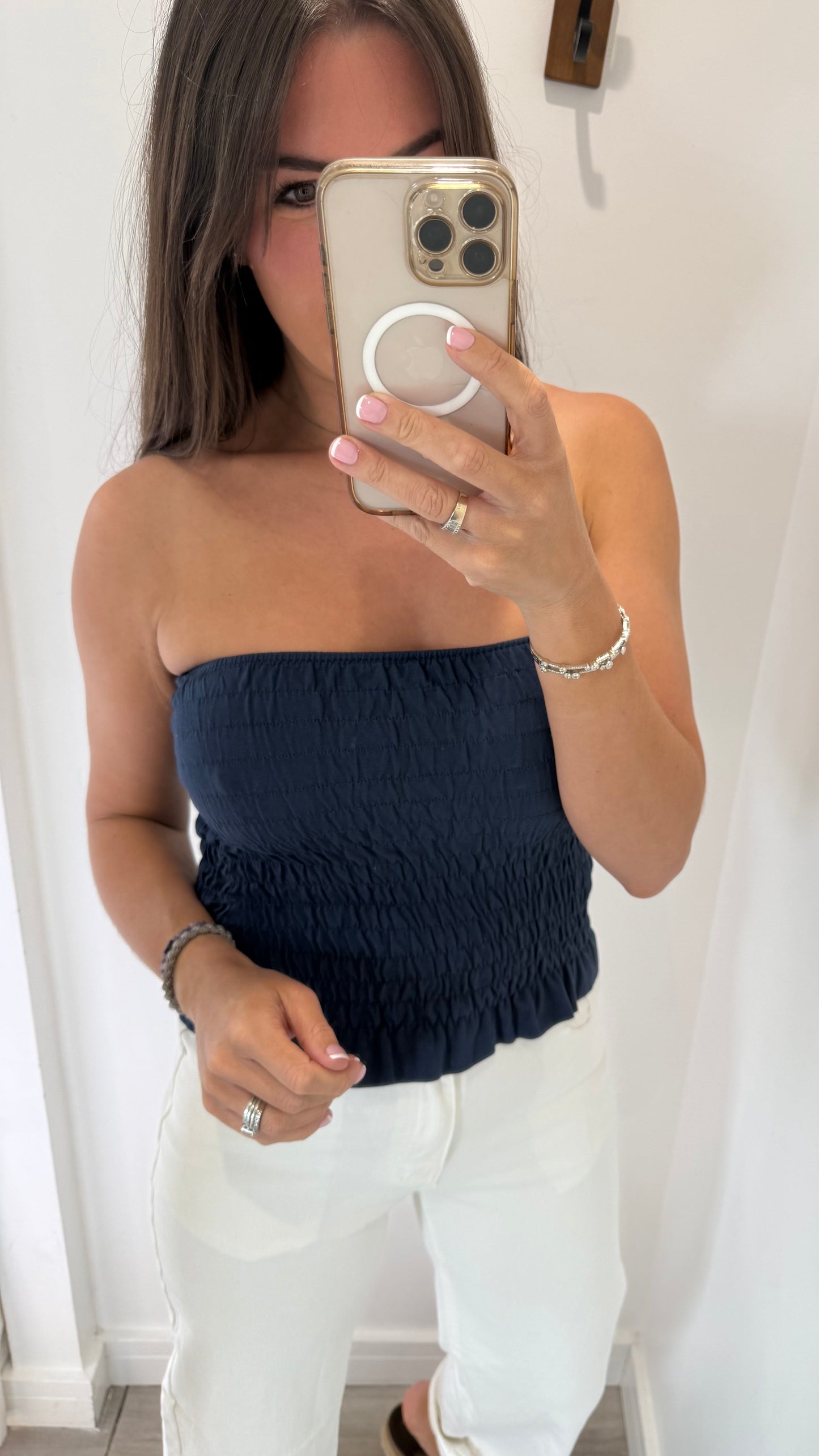 NAVY SHIRRED BOOB TUBE