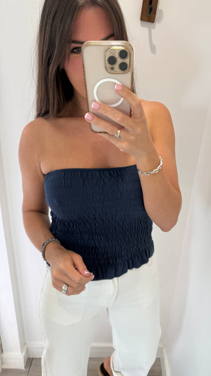 NAVY SHIRRED BOOB TUBE