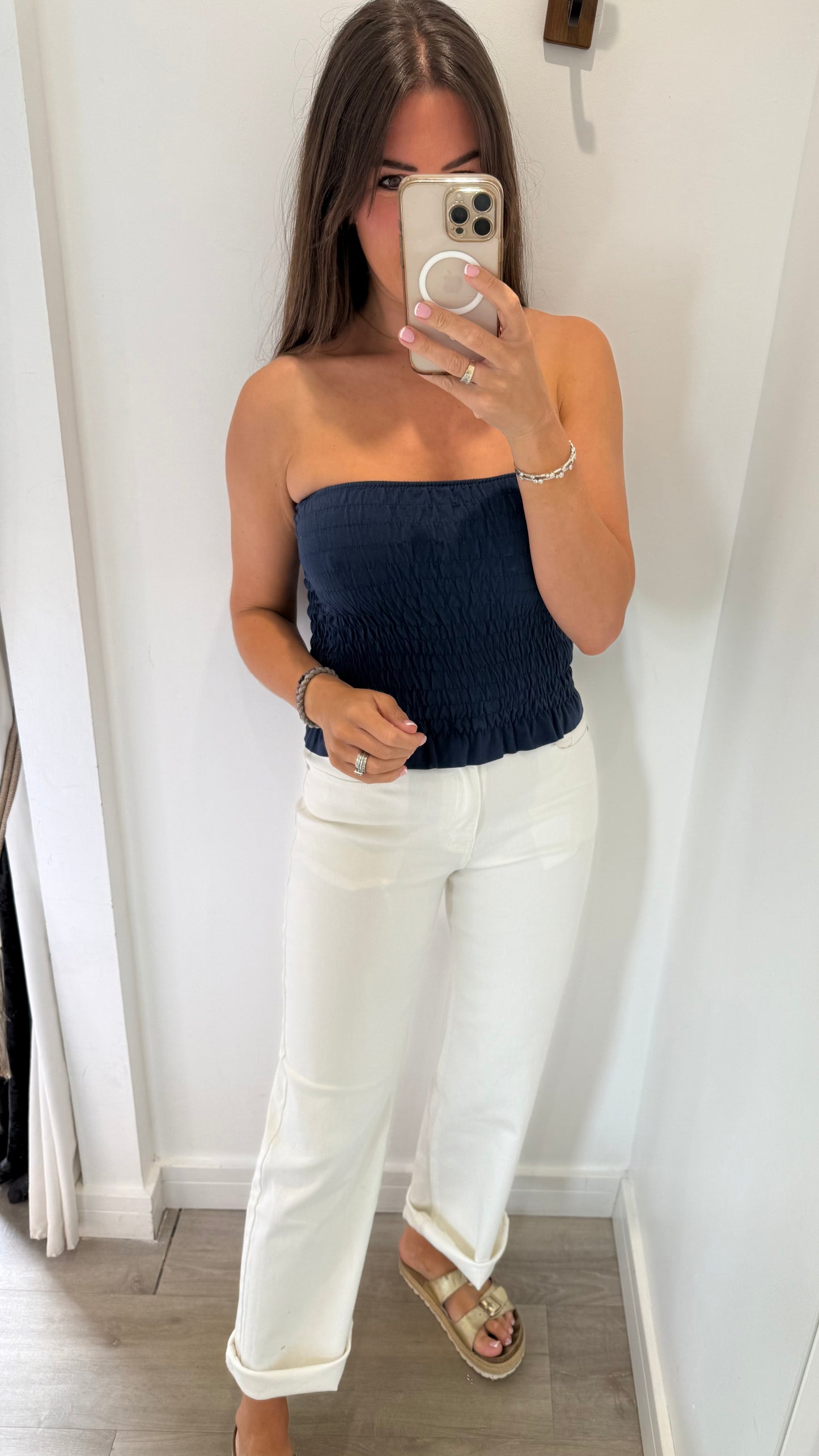 NAVY SHIRRED BOOB TUBE