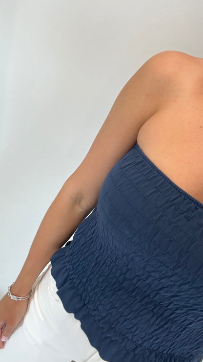 NAVY SHIRRED BOOB TUBE