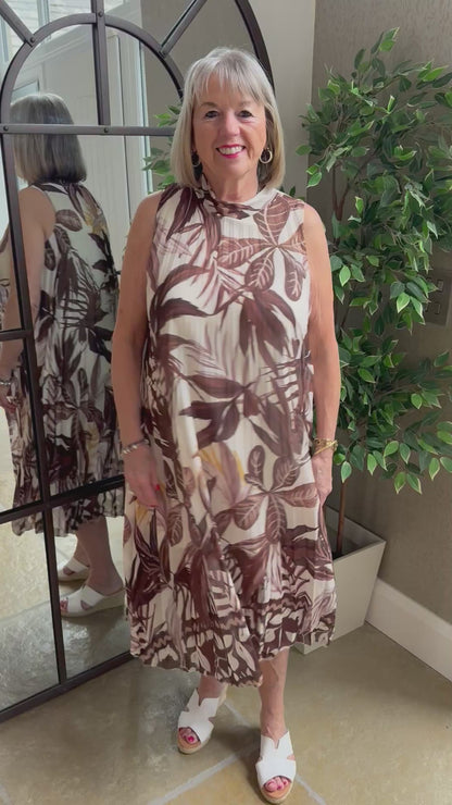 LEAF PRINT PLEATED MIDI DRESS – CREAM/BROWN