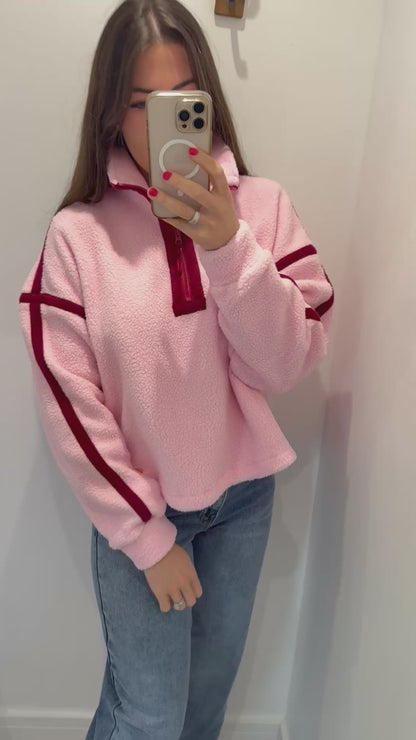 PINK FLEECE WITH BURGUNDY STITCHING