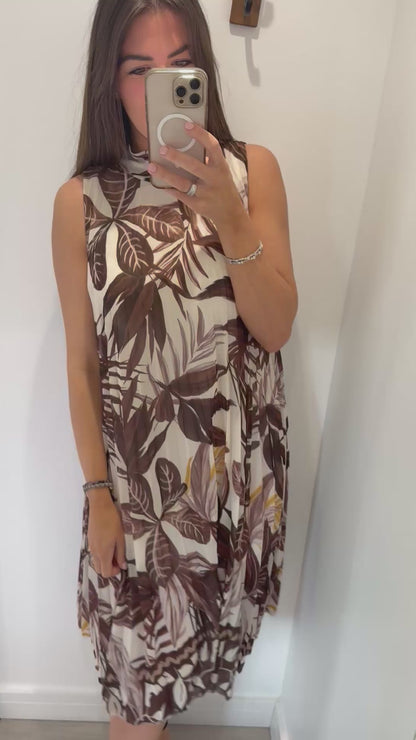 LEAF PRINT PLEATED MIDI DRESS – CREAM/BROWN