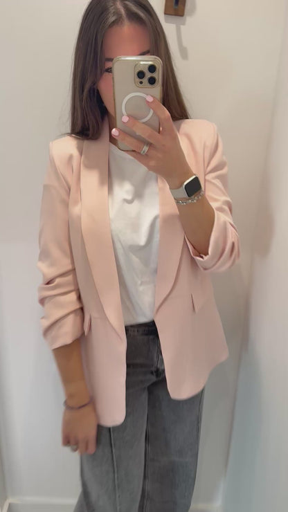 BLUSH PINK RUCHED SLEEVE BLAZER