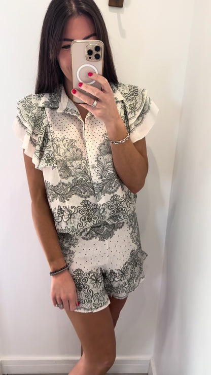 KHAKI & WHITE PAISLEY RUFFLE SHORT SET