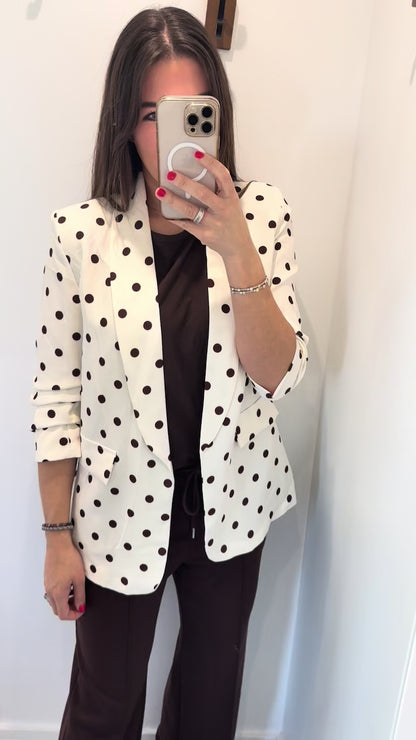POLKA DOT RUCHED SLEEVE BLAZER – CREAM WITH BROWN DOTS