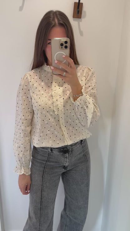 CREAM FLORAL EMBROIDERED SPOT BLOUSE