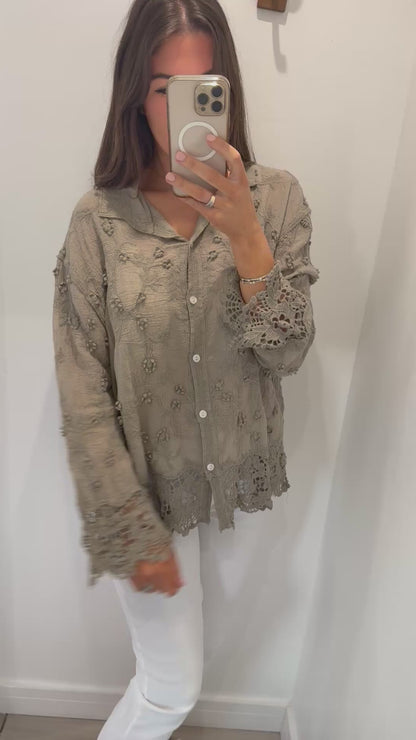 MOCHA CROCHET DETAIL SHIRT