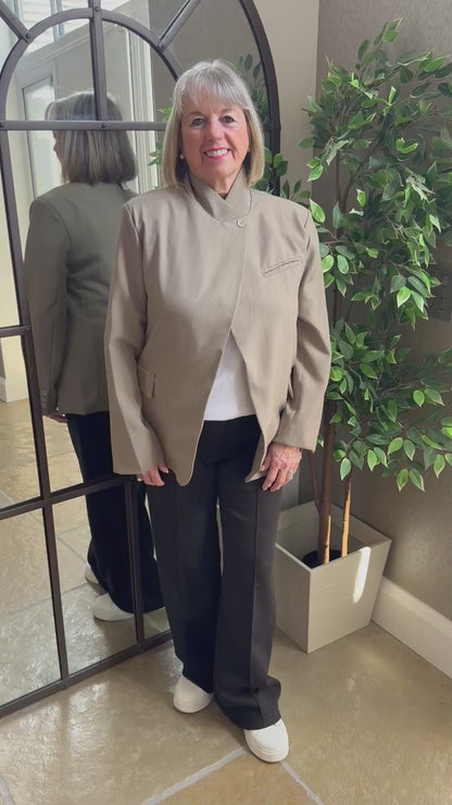 TAUPE PINSTRIPE ASYMMETRIC BLAZER