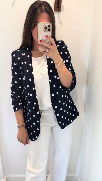 POLKA DOT RUCHED SLEEVE BLAZER - NAVY WITH WHITE DOTS