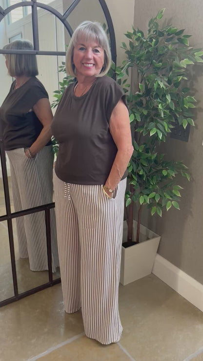 MOCHA & WHITE STRIPE LINEN TROUSERS