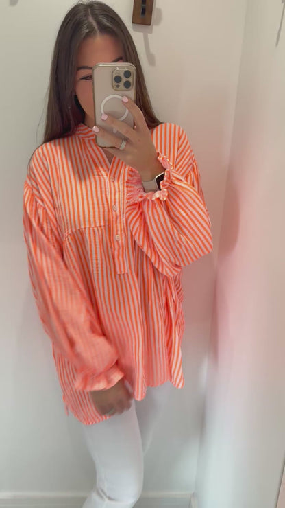 NEON ORANGE STRIPE GRANDAD COLLAR SMOCK TOP