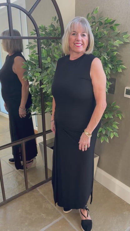 BLACK RUCHED MIDI DRESS