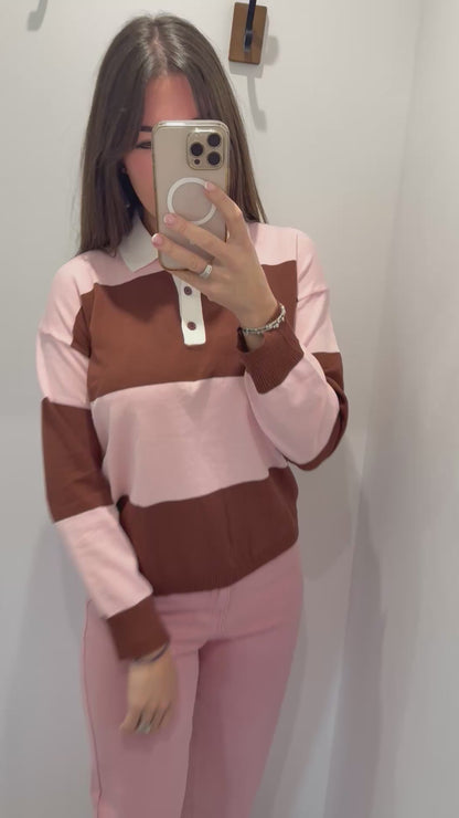 PINK & BROWN STRIPE COLLARED KNIT