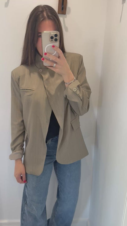 TAUPE PINSTRIPE ASYMMETRIC BLAZER