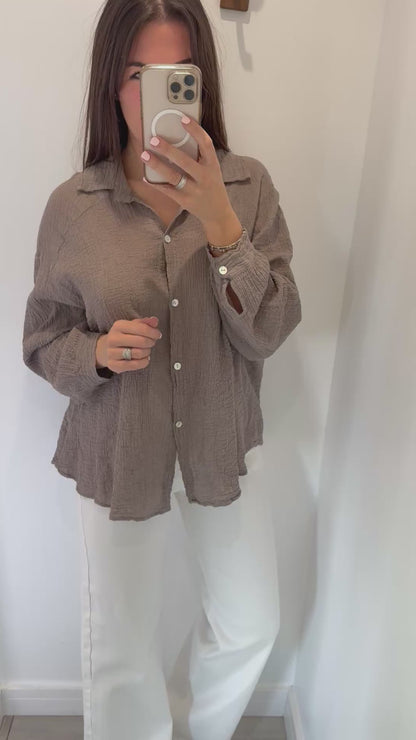 MOCHA CHEESECLOTH BUTTON THROUGH SHIRT