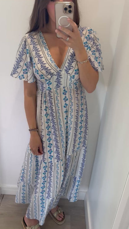 BLUE FLORAL SILKY MAXI DRESS