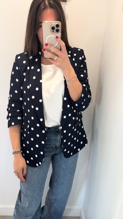 POLKA DOT RUCHED SLEEVE BLAZER - NAVY WITH WHITE DOTS