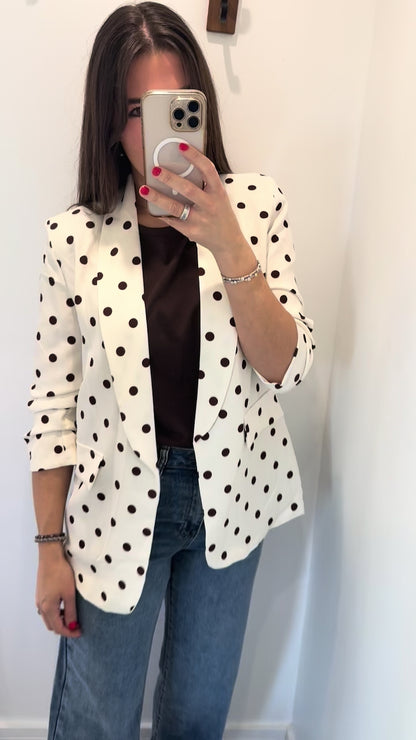 POLKA DOT RUCHED SLEEVE BLAZER – CREAM WITH BROWN DOTS