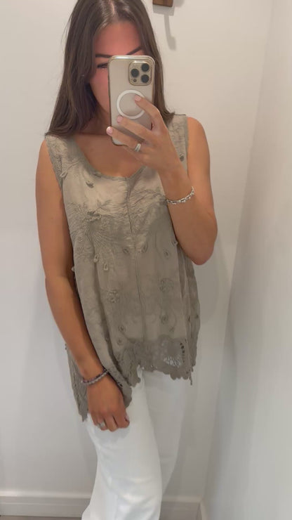 MOCHA CROCHET DETAIL LONG LINE TOP