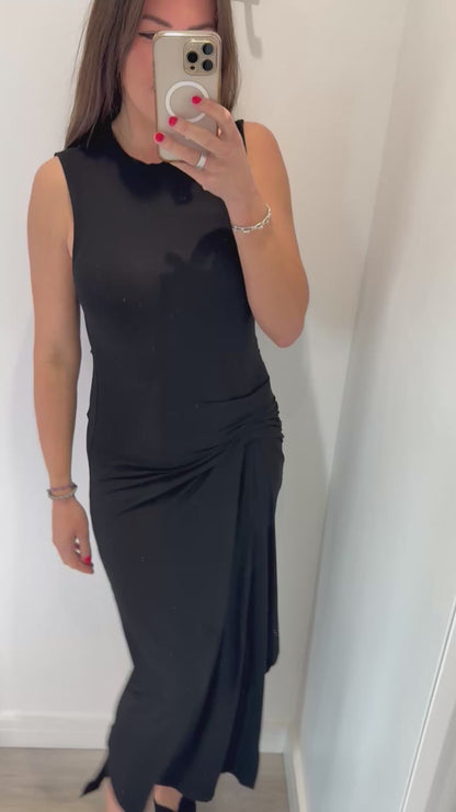 BLACK RUCHED MIDI DRESS