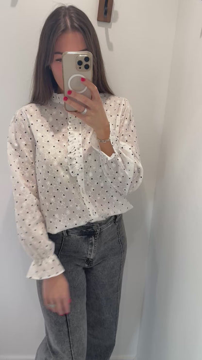 WHITE FLORAL EMBROIDERED SPOT BLOUSE