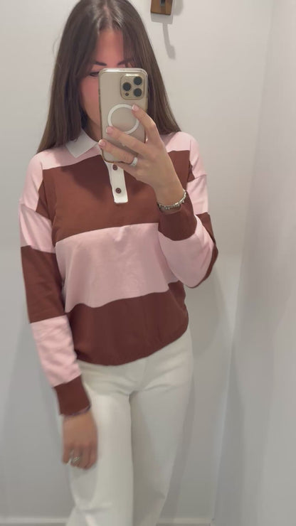 PINK & BROWN STRIPE COLLARED KNIT
