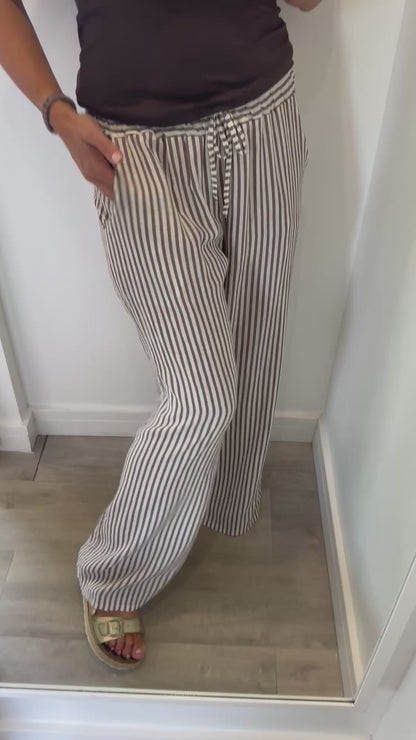 MOCHA & WHITE STRIPE LINEN TROUSERS