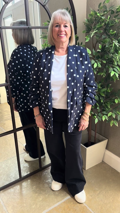 POLKA DOT RUCHED SLEEVE BLAZER - NAVY WITH WHITE DOTS