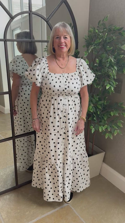 BLACK POLKA DOT SHIRRED MIDI DRESS