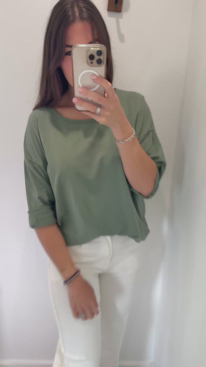 KHAKI ROLL SLEEVE SWEAT TOP