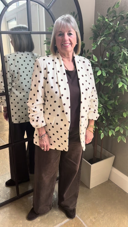 POLKA DOT RUCHED SLEEVE BLAZER – CREAM WITH BROWN DOTS