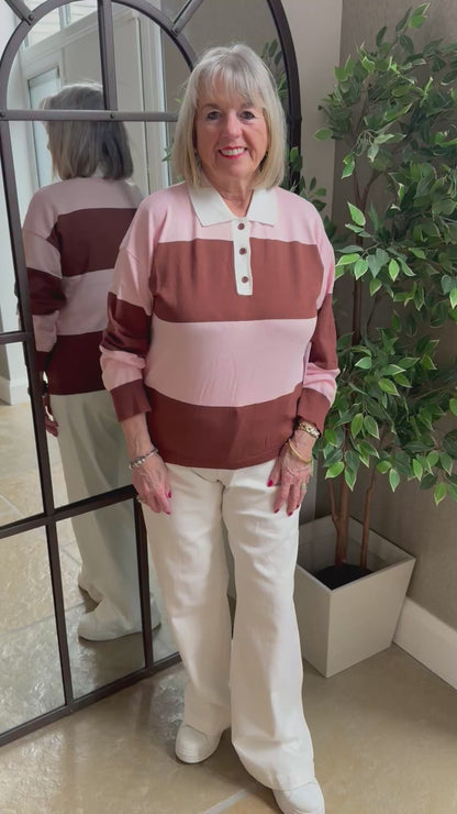 PINK & BROWN STRIPE COLLARED KNIT