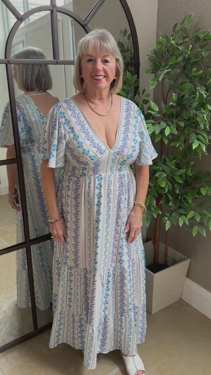 BLUE FLORAL SILKY MAXI DRESS