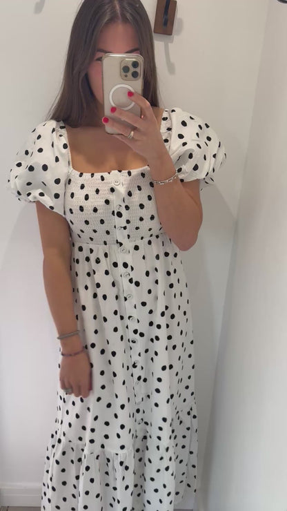 BLACK POLKA DOT SHIRRED MIDI DRESS