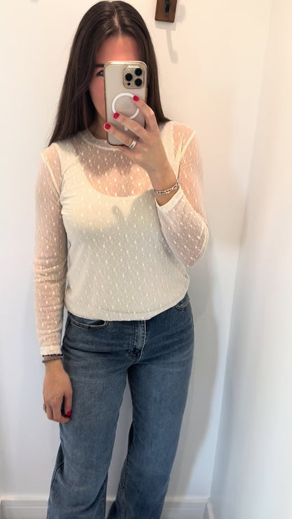 CREAM FLORAL TEXTURED SHEER TOP