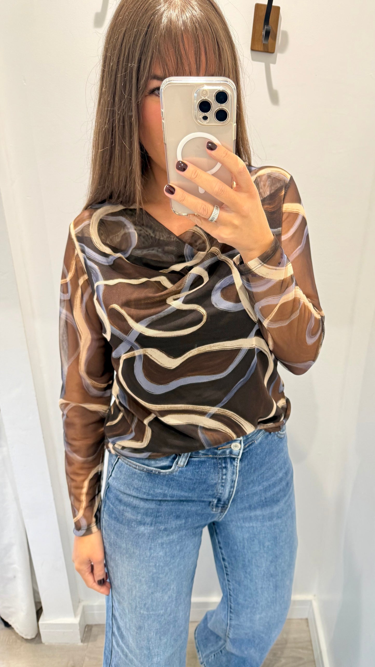 SWIRL MESH COWL NECK TOP