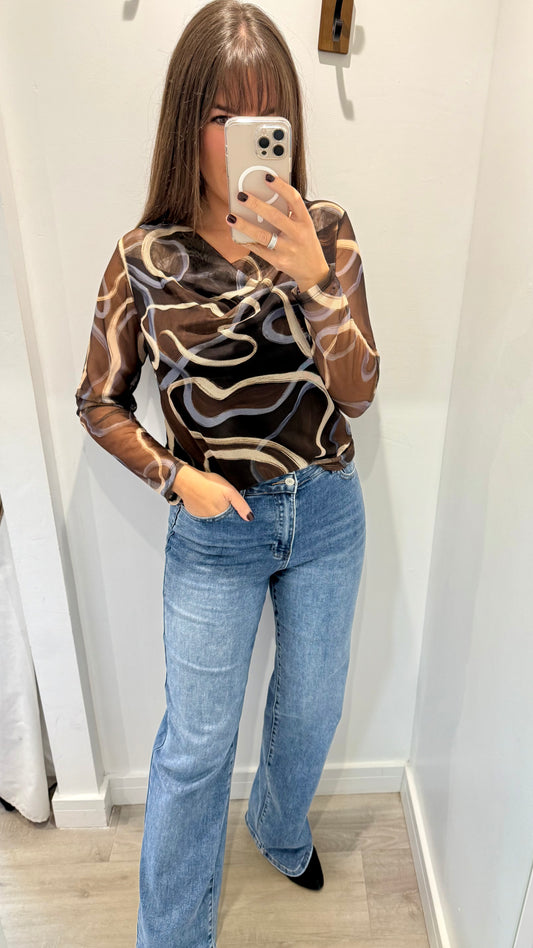 SWIRL MESH COWL NECK TOP