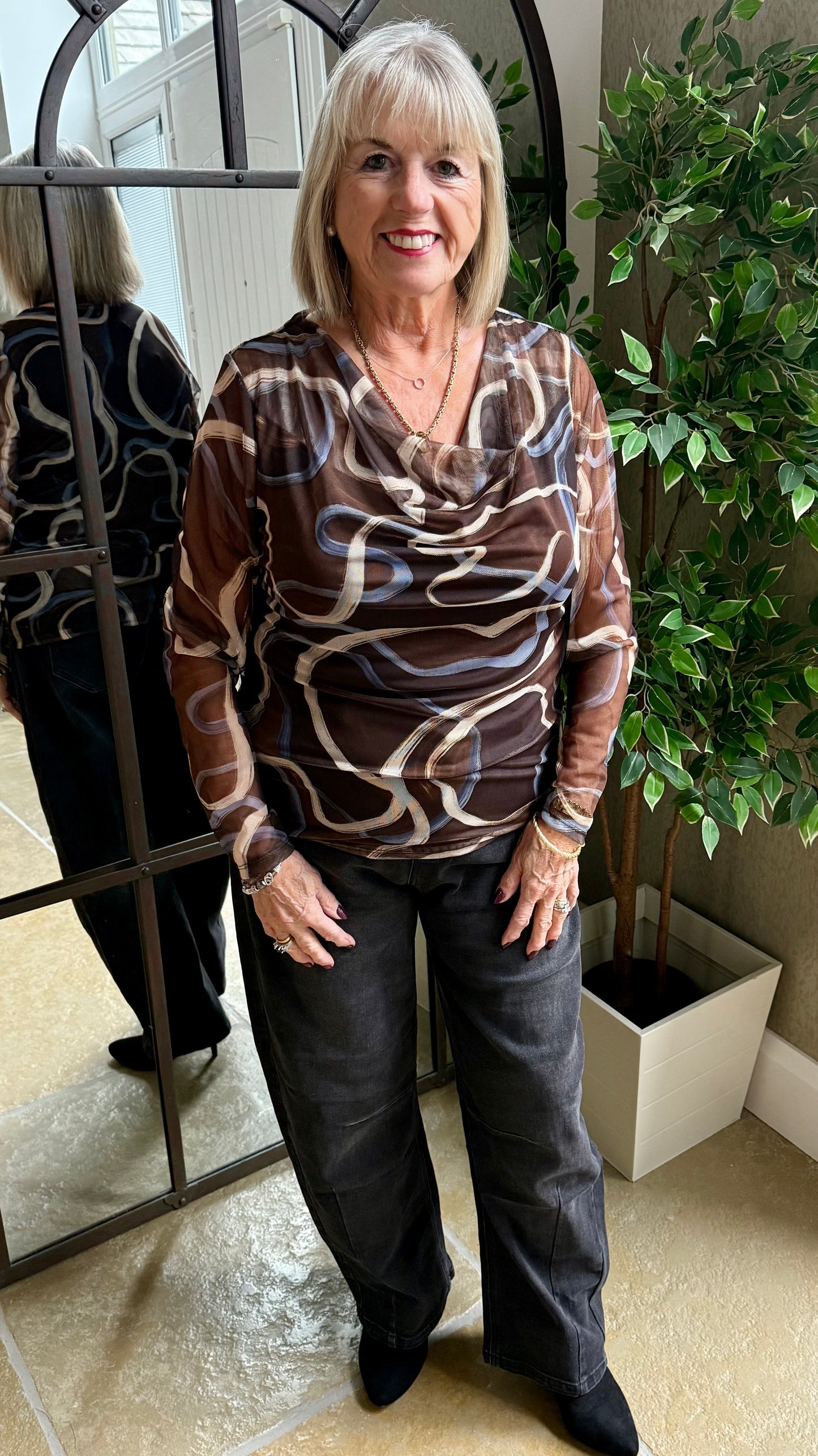 SWIRL MESH COWL NECK TOP