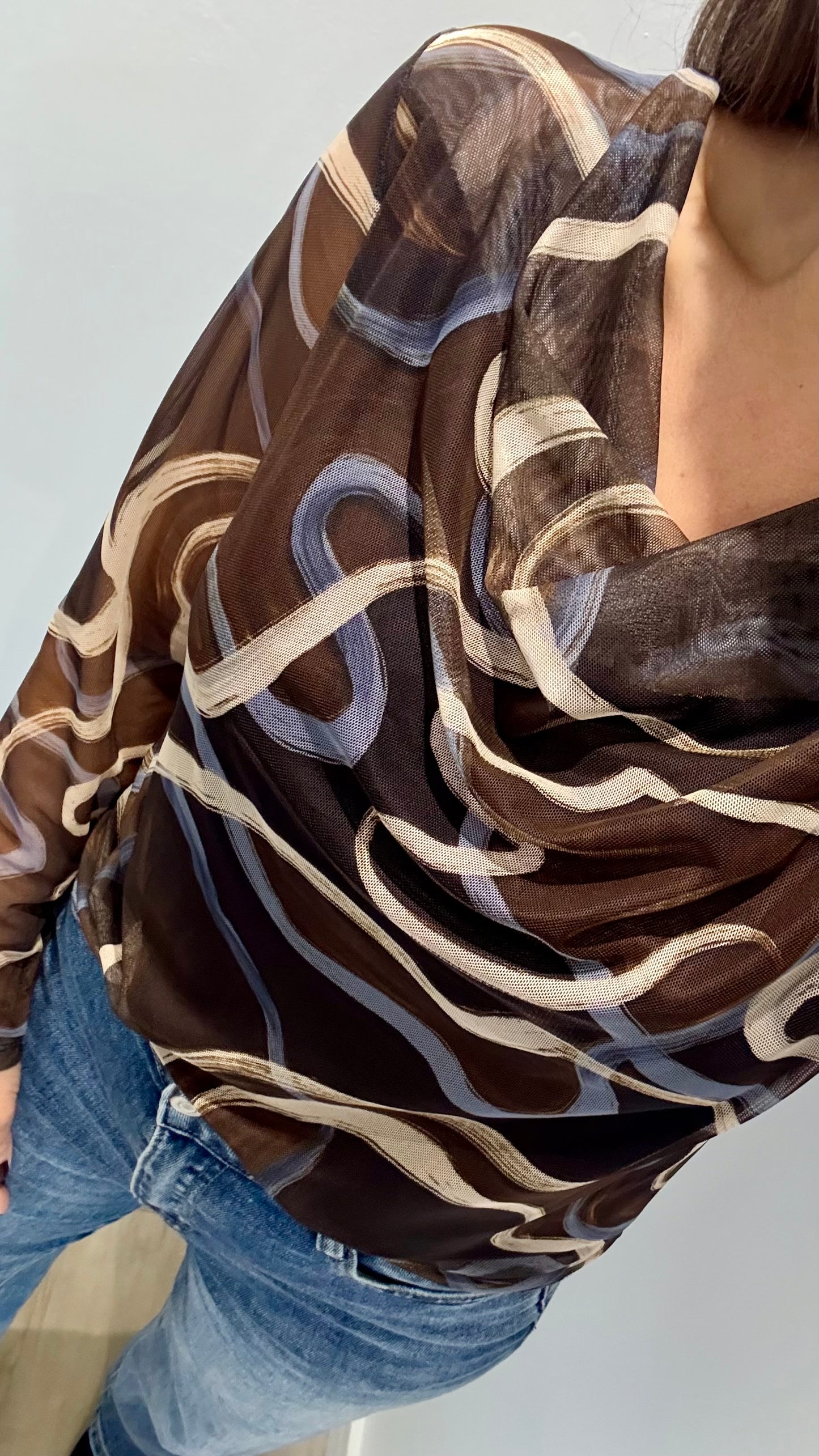 SWIRL MESH COWL NECK TOP