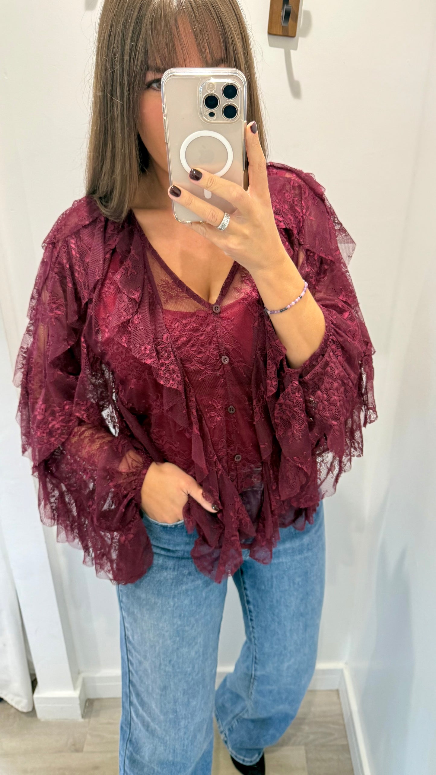 WINE LACE LAYERED RUFFLE BLOUSE