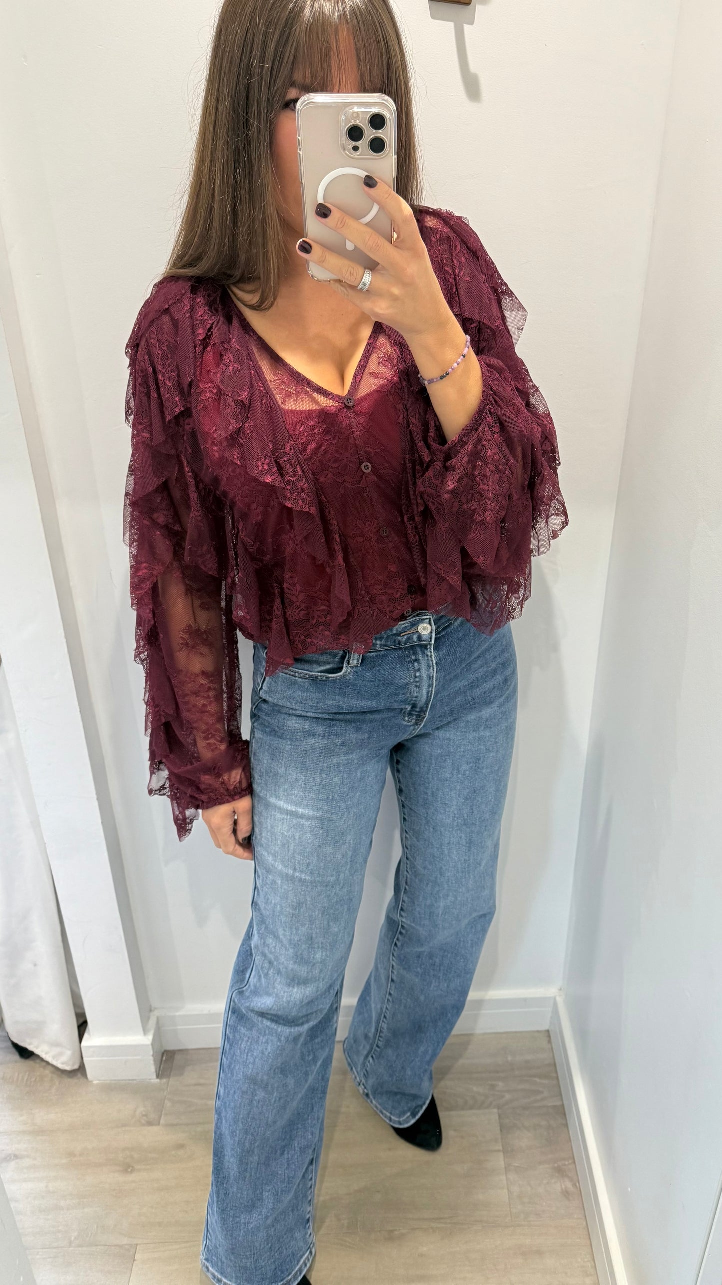 WINE LACE LAYERED RUFFLE BLOUSE