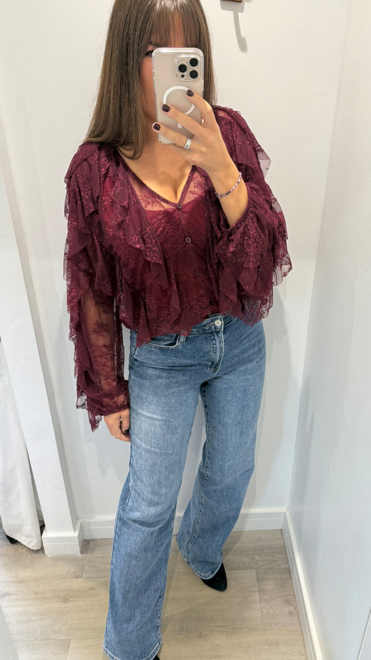 WINE LACE LAYERED RUFFLE BLOUSE