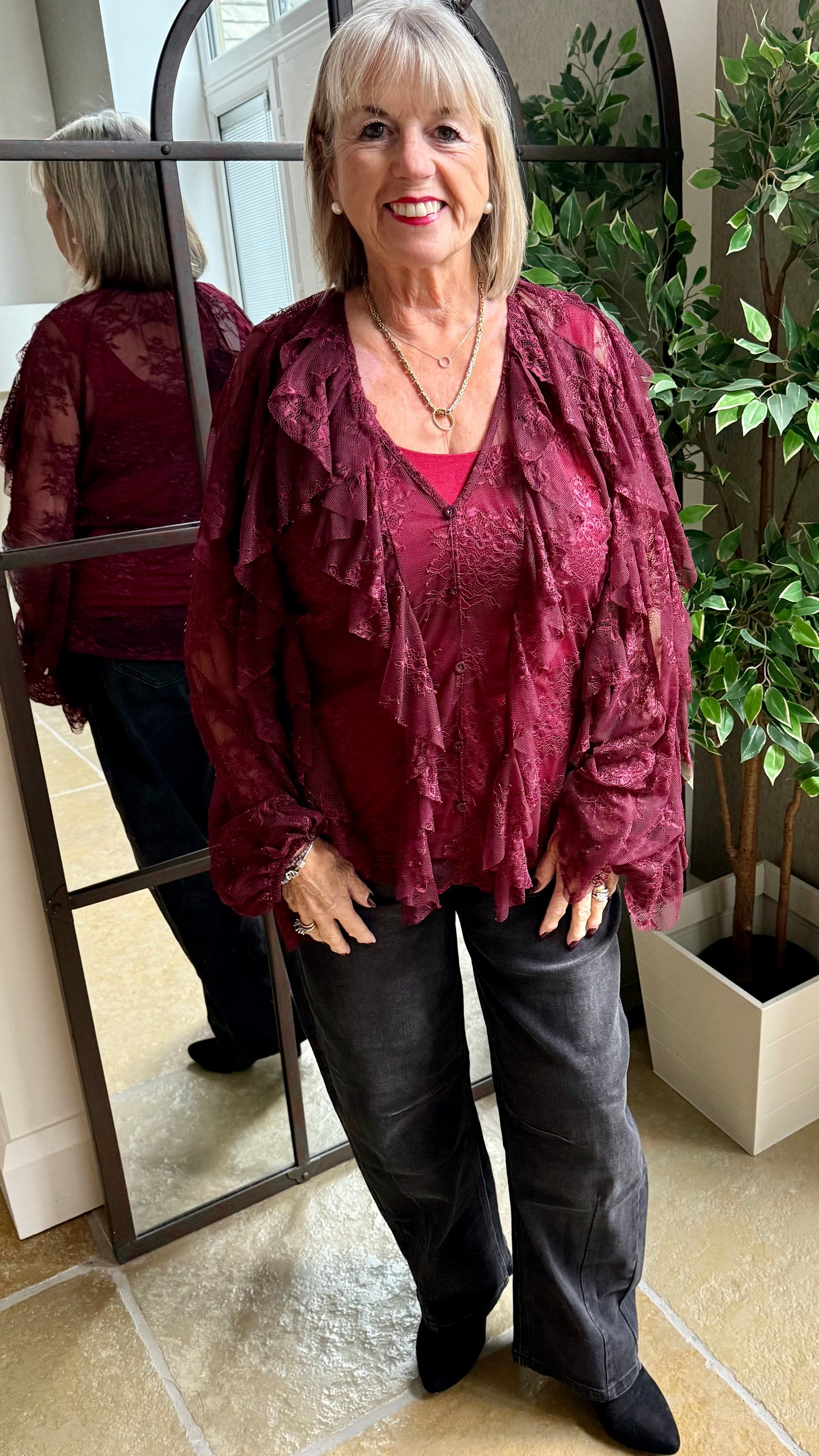 WINE LACE LAYERED RUFFLE BLOUSE